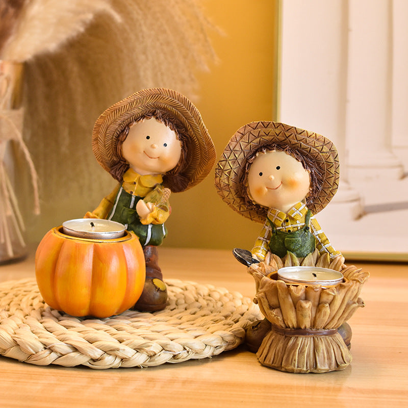 Harvest Thanksgiving Boy and Girl Resin Figurines with Pumpkin & Wheat Candle Holders, Rustic Autumn Home Decor