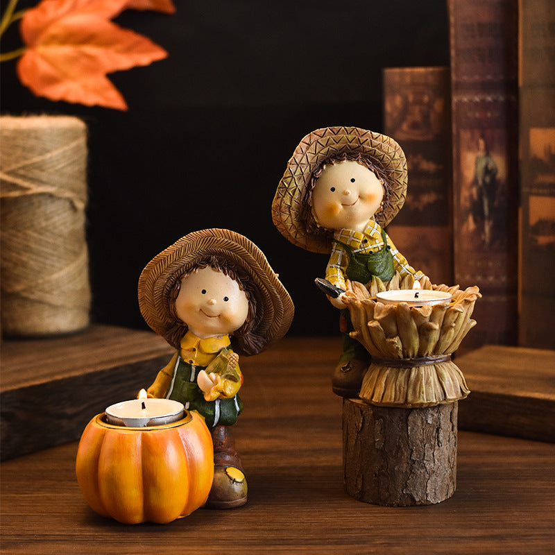 Harvest Thanksgiving Boy and Girl Resin Figurines with Pumpkin & Wheat Candle Holders, Rustic Autumn Home Decor