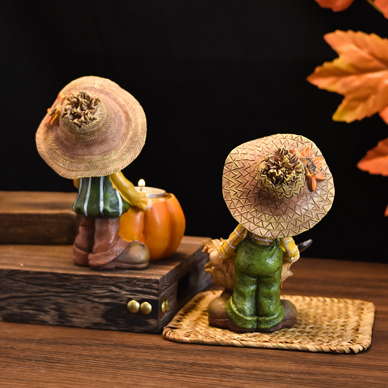 Harvest Thanksgiving Boy and Girl Resin Figurines with Pumpkin & Wheat Candle Holders, Rustic Autumn Home Decor