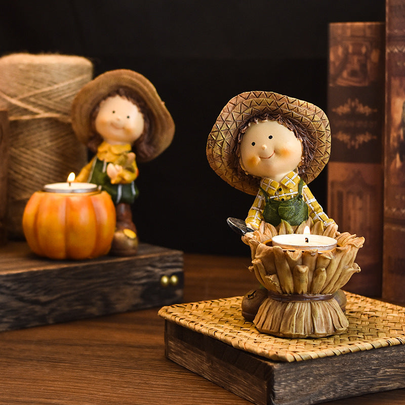 Harvest Thanksgiving Boy and Girl Resin Figurines with Pumpkin & Wheat Candle Holders, Rustic Autumn Home Decor