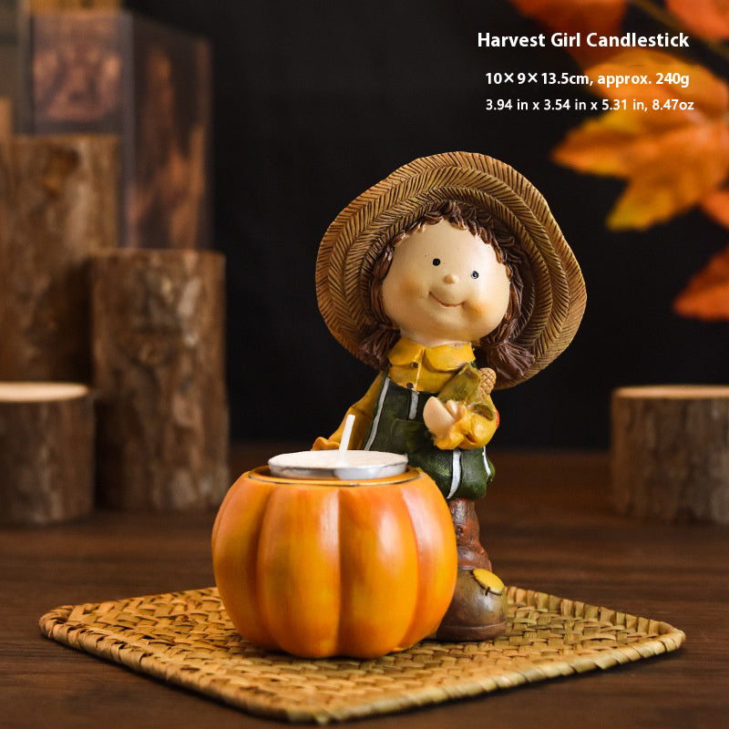 Harvest Thanksgiving Boy and Girl Resin Figurines with Pumpkin & Wheat Candle Holders, Rustic Autumn Home Decor
