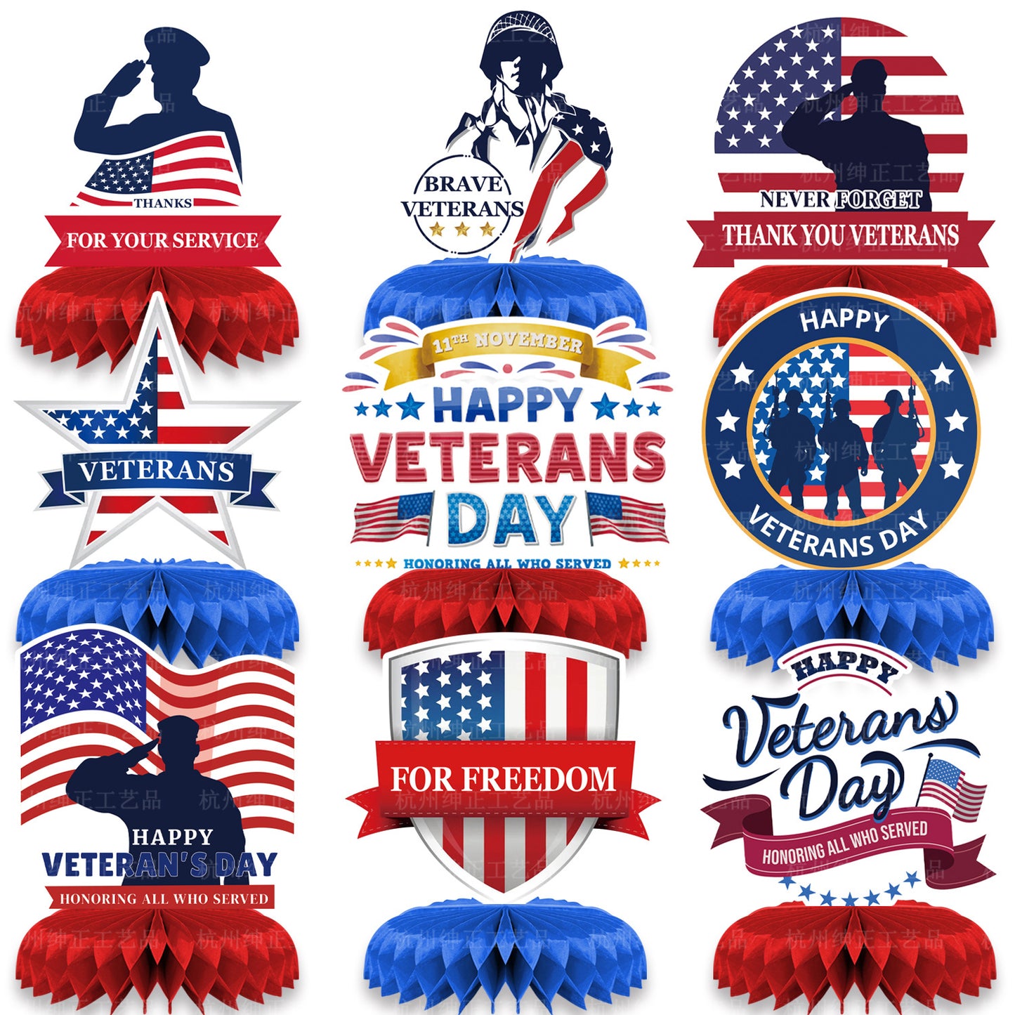 Veterans Day Honeycomb Ornament Set - 3D Paper Display with 9 Double-Sided Cards