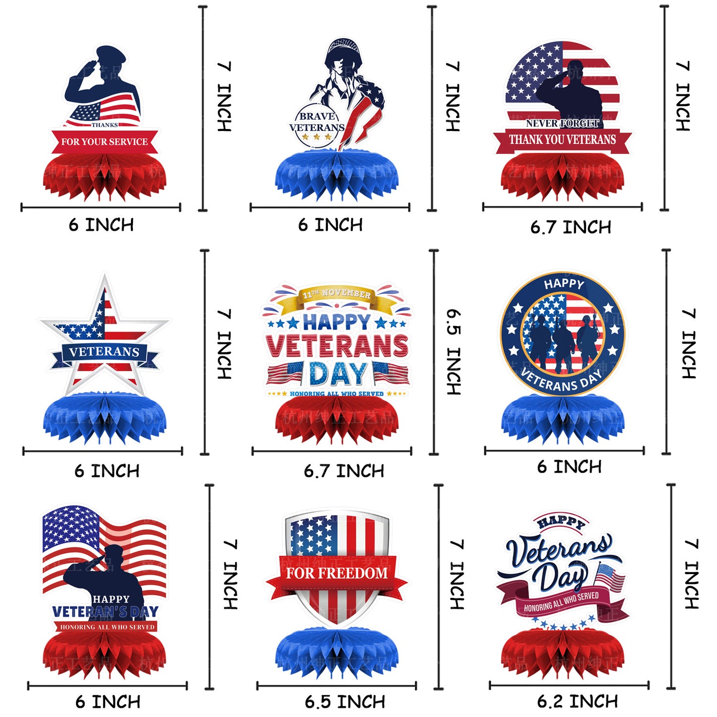 Veterans Day Honeycomb Ornament Set - 3D Paper Display with 9 Double-Sided Cards