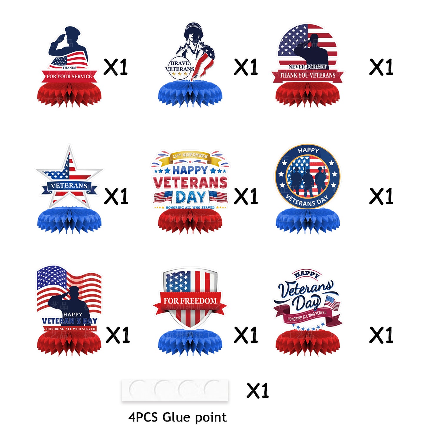Veterans Day Honeycomb Ornament Set - 3D Paper Display with 9 Double-Sided Cards