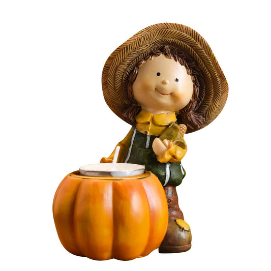 Harvest Thanksgiving Boy and Girl Resin Figurines with Pumpkin &amp; Wheat Candle Holders, Rustic Autumn Home Decor