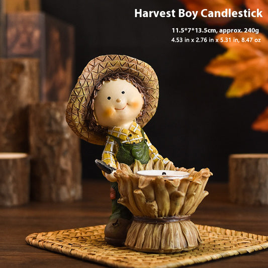 Harvest Thanksgiving Boy and Girl Resin Figurines with Pumpkin &amp; Wheat Candle Holders, Rustic Autumn Home Decor