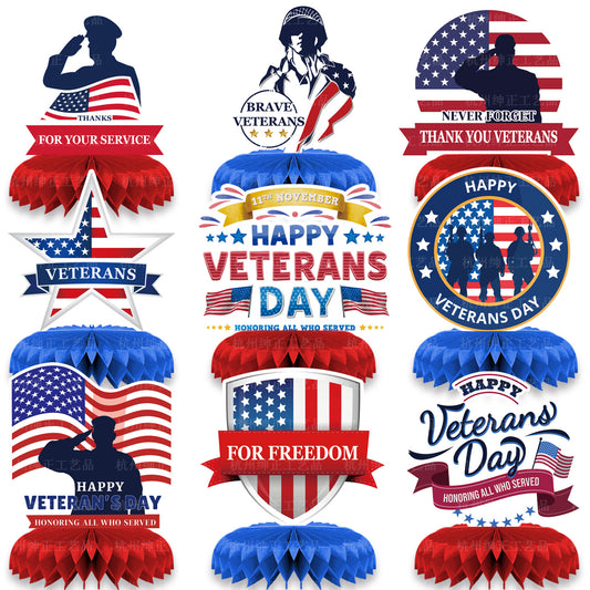 Veterans Day Honeycomb Ornament Set - 3D Paper Display with 9 Double-Sided Cards